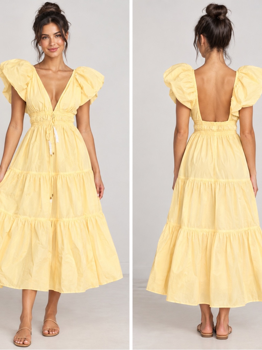 YFB Yellow Puff-Sleeve Tiered Maxi Dress